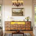 Huuger 63 Inch TV Stand for 65, 70 Inch TV, 11 Drawer Long Dresser with Power Outlets and LED Lights, Entertainment Center with Storage, Rustic Brown Dresser with PU Leather Surface, 13"d X 63"w X 26.8"h