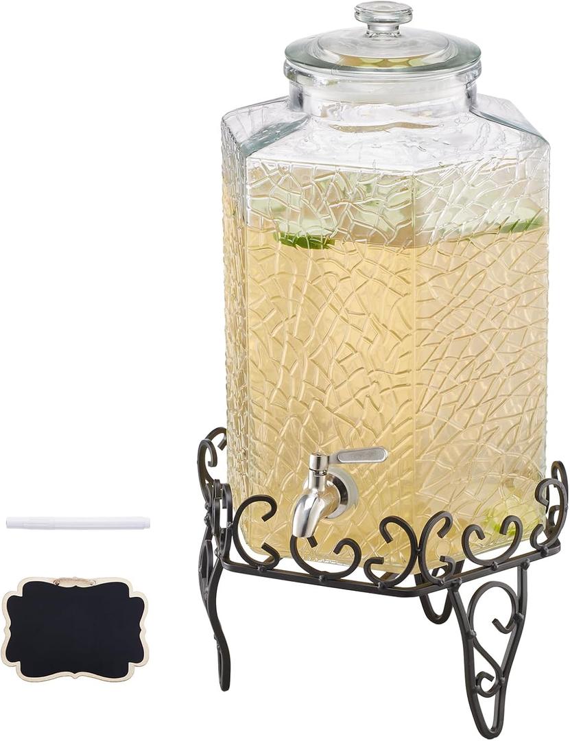 VEVOR Beverage Dispenser, 2.5 Gallon Drink Dispensers for Parties, Glass Juice Dispenser with Metal Stand, Stainless Steel Spigot, Iced Tea Lemonade Juice Water Dispensers for Parties
