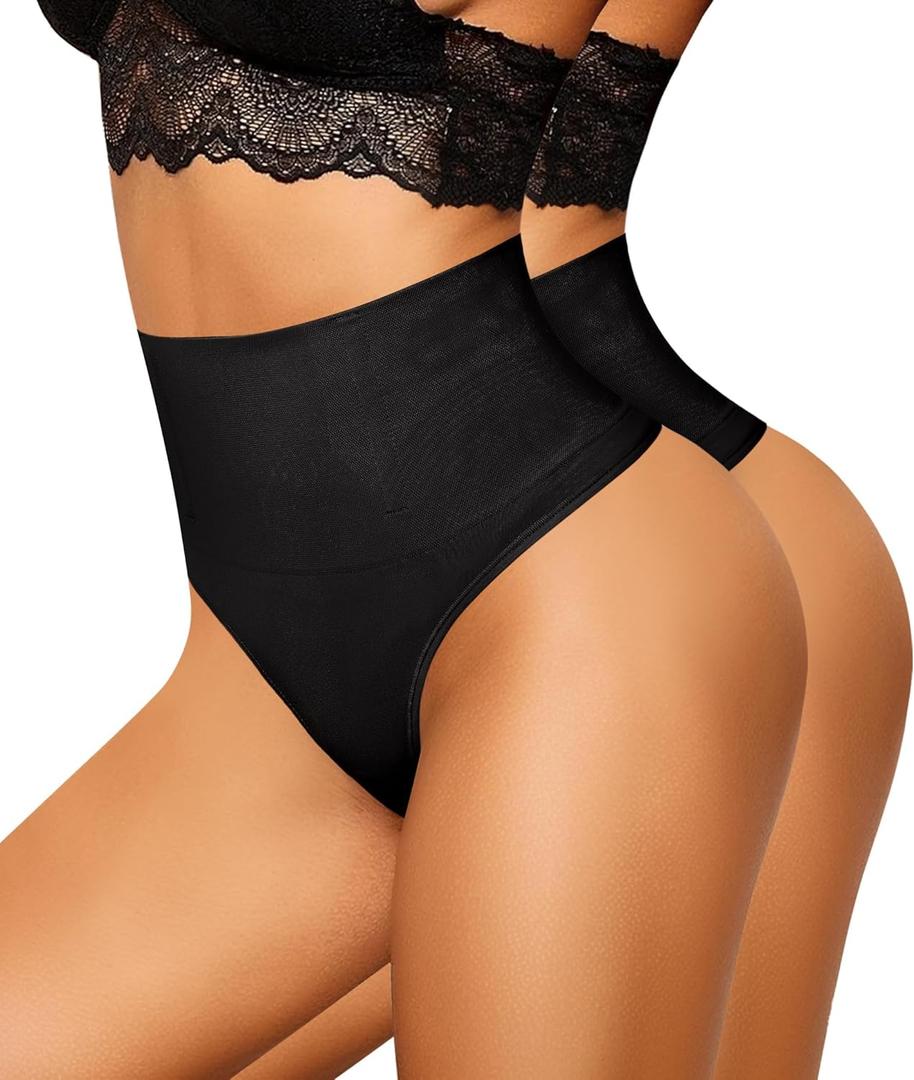 Nebility Tummy Control Thong Shapewear for Women Body Shaper Faja Underwear Seamless Butt Lifting Panties Girdle 2 Pack (Medium, Black 2 Pk)
