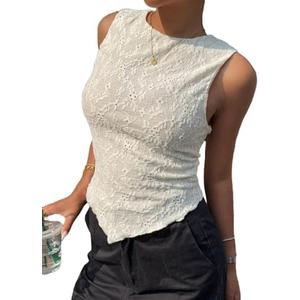 Milumia Women's Eyelet Embroidery Asymmetrical Hem Tank Top Round Neck Sleeveless Casual Summer Shirts Size M