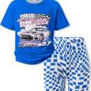 Girls Summer Clothes 2 Piece Outfits 3D Car Print Short T-Shirt and Plaid Pattern Shorts Clothing Set 5-12Y (Blue)