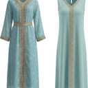 Abaya Dress for Women Muslim Moroccan Maxi Kaftan Dress Arabic Islamic Dubai Robe Ramadan Prayer Wedding Clothes (Teal, XS)