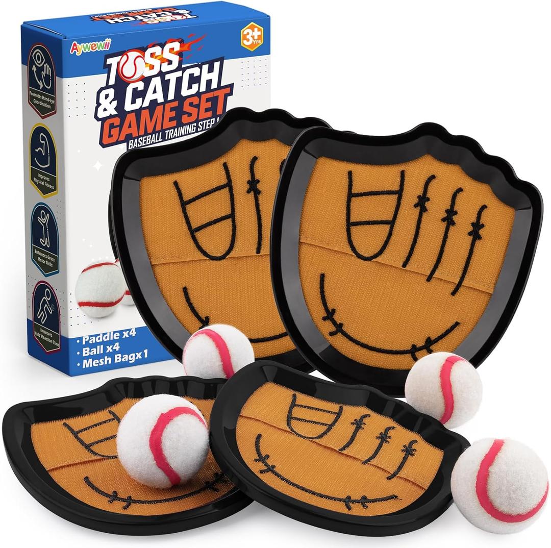 Aywewii Toss and Catch Ball Set Beginner Baseball Training Gloves Beach/Pool Toys Outdoor/Backyard Games for Toddlers and Kids Ages 3-8 Years Old  Fun Gift for Boys and Girls (Black, 4 Paddles & 4 Balls)