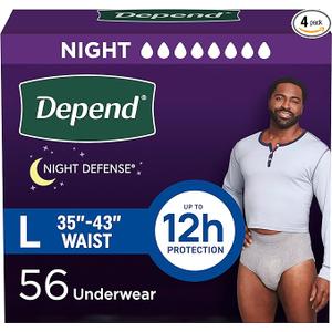 Depend Night Defense Adult Diapers, Incontinence Underwear for Men, Disposable, Overnight, Large, Grey, 56 Count (4 Packs of 14), Packaging May Vary