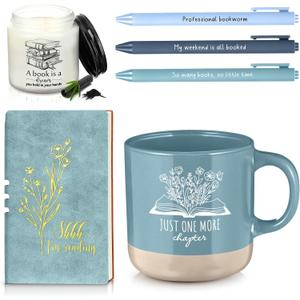 Baderke Book Lover Gifts for Women Men 6 Pcs Bookish Reading Accessories A6 Notebook Ballpoint Pen Ceramic Cup Candle Book Club Gift for Bookworm Reader Librarian Teacher(Blue)