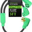 Kanayu 30 Amp Dryer Y Splitter to RV/EV NEma 14-30P to 14-50R/14-30R Adapter 4 Prong 30 to 50 Amp Y Adapter Cable for EV RV Charging at Dryer Outlet, 250 Volt, 10 AWG 4 Conductors, 3 ft(Green)