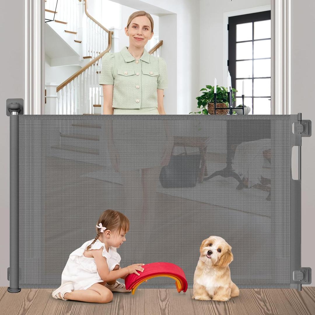 No Drill Retractable Dog Gates for Doorways 59" Wide, Punch Free Baby Gate 33" Tall, Retractable Baby Gates for Stairs No Drilling Pet Gate Indoor Mesh Dog Gate for The House, Gray