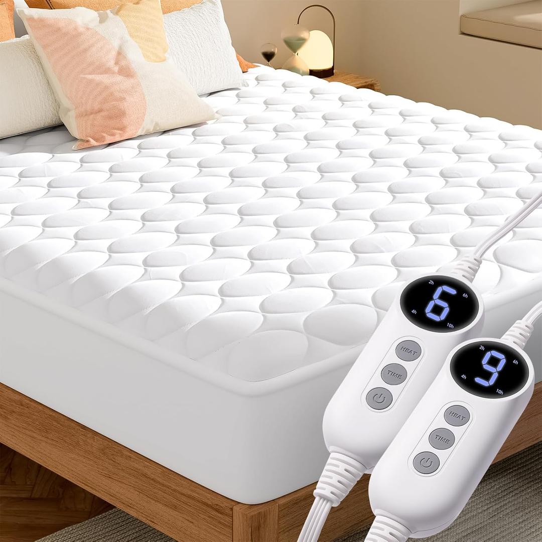 MASVIS Heated Mattress Pad Queen Size with Dual Control - Electric Mattress Pad Cover with 9 Heating Settings & Auto Off 2/4/6/10 Hrs, Deep Pocket Bed Warmer Protector for Winter, ETL Certified,White