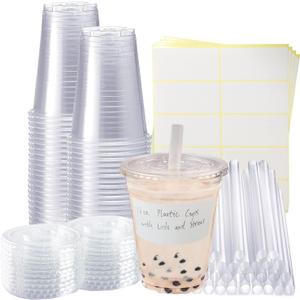 50 Sets Clear Plastic Cups With Flat Lids,16oz Disposable Iced Coffee Cups with Straws and Stickers,Plastic Cups for Iced Coffee,Cold Drinks,Juice, Bubble Boba Tea,Smoothie, Milkshake, 200 Piece Set