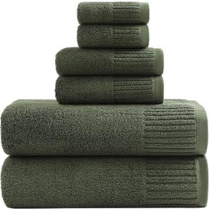 YTYC 27.5x55 Inches Luxury Bath Towels Set of 6 Large, 100 Percent Cotton 650GSM Super Absorbent Soft Shower Towels for Bathroom (Olive Green, 6PCS)