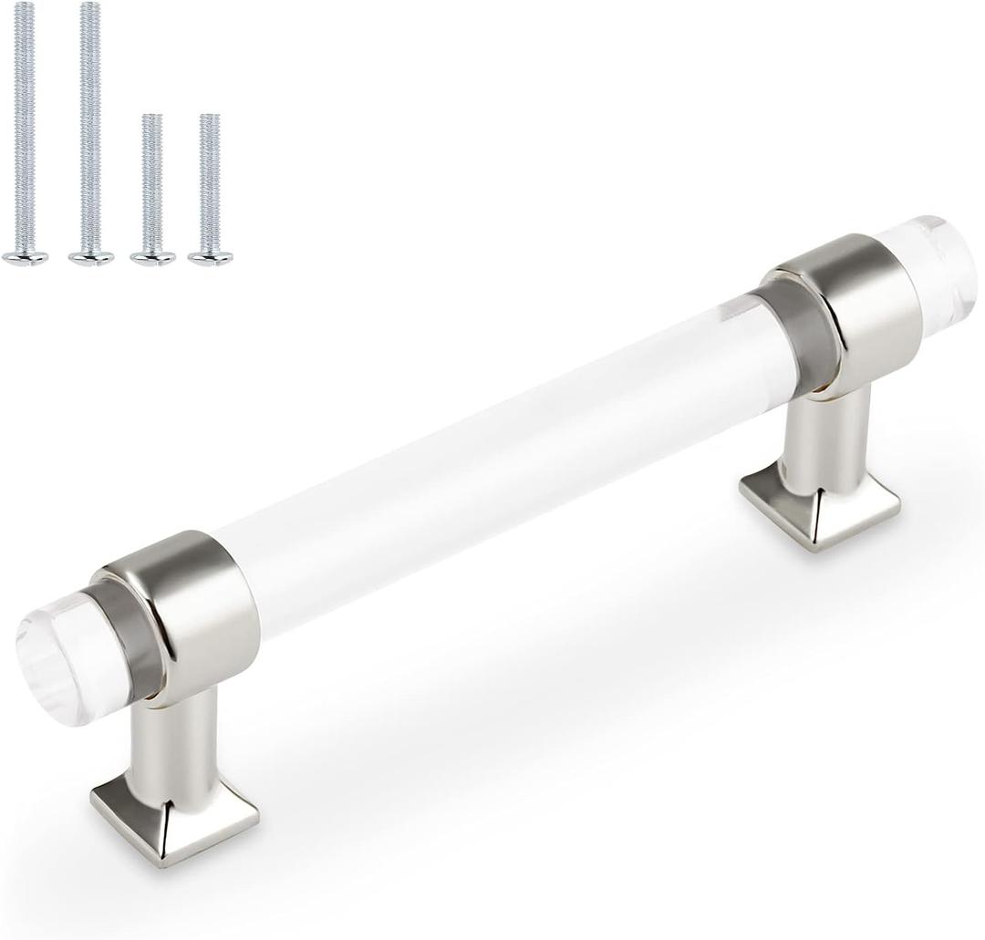 Orger Acrylic Cabinet Handles 5 Pack Modern Cabinet Hardware Clear Dresser Pulls 4 Inch Center to Center Clear Cabinet Pulls Polished Chrome for Kitchen Handles