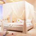 Akiky Princess Canopy Bed Curtains 4 Corners Post Mosquito Net - Cozy Drape Netting 4 Opening Bed Canopy Curtain for Girls Bed Boys Adults (King,Beige)