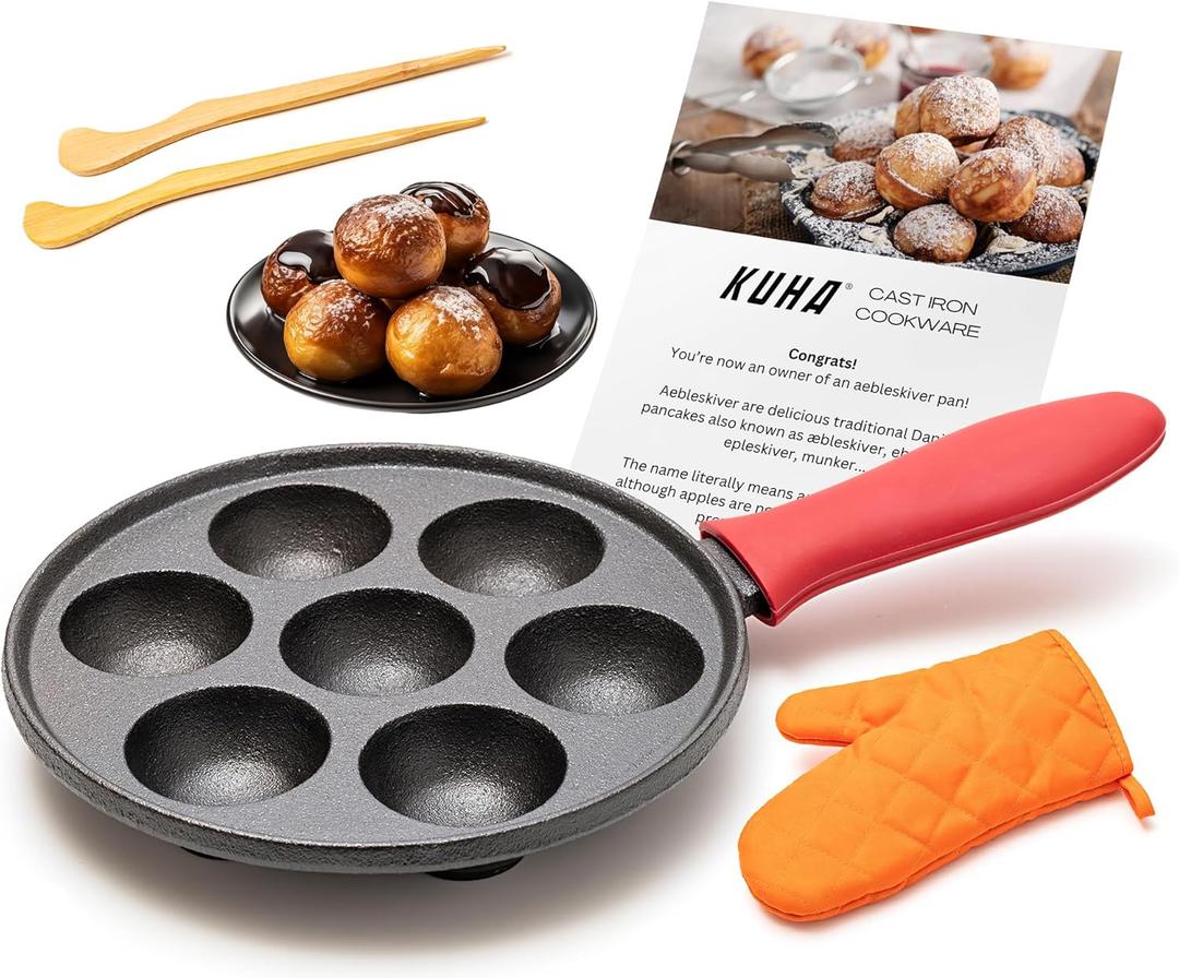KUHA Cast Iron Aebleskiver Pan - Non Stick Pan for Authentic Danish Stuffed Pancakes - Electric Stovetop Compatible Pancake Maker for Poffertjes, Takoyaki, Appam, Kuli Paniyaram, Baking Cooking