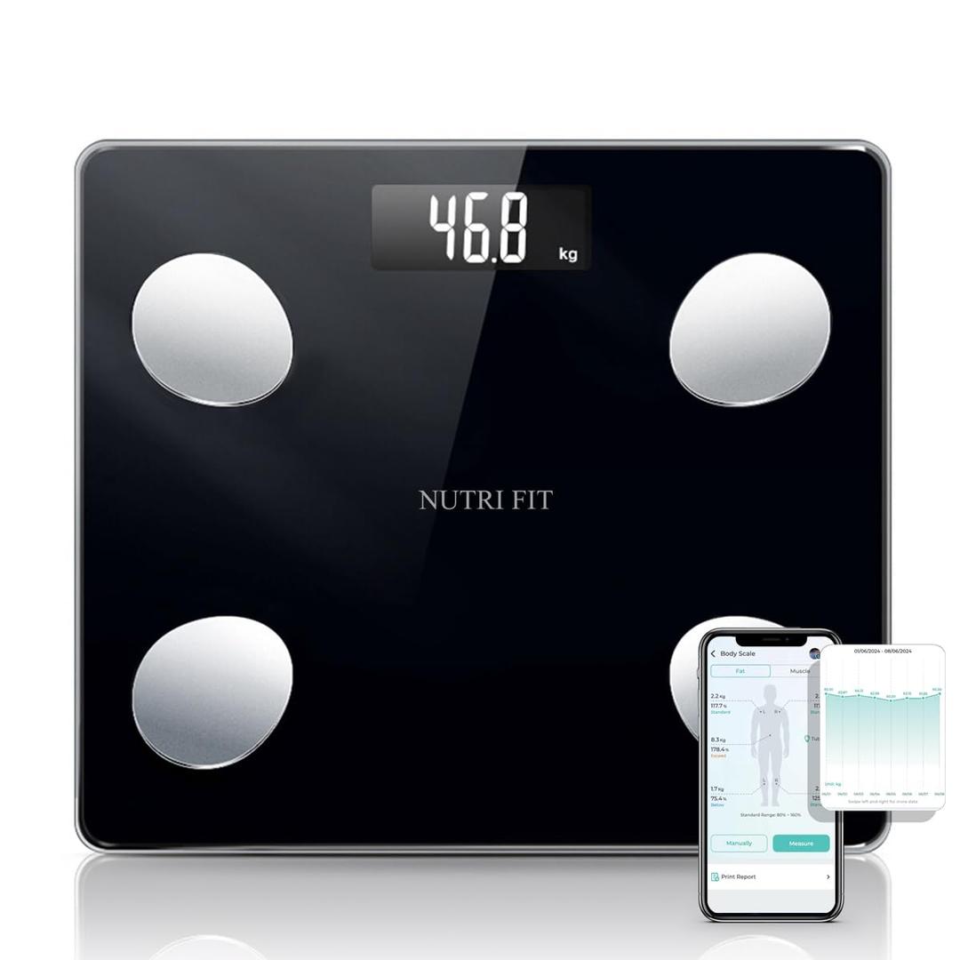 NUTRI FIT Scale for Body Weight Digital Bathroom Smart Scale with Bluetooth for BMI, Body Fat, Muscle Mass, 20 Body Composition Analyzer Health Monitor Sync Apps 330lbs, Batteries Included (Inky Black)
