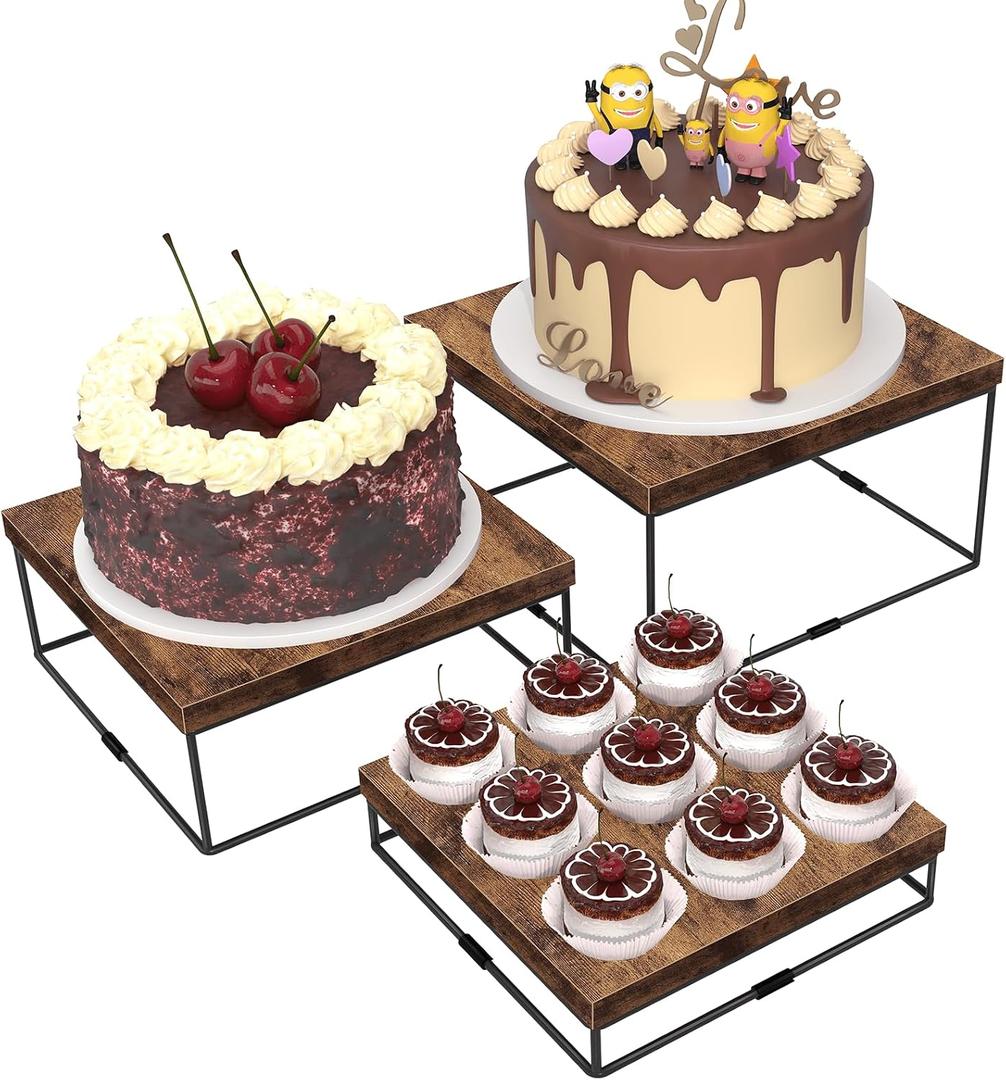 ELITEROO Buffet Risers, 3 Pack Wooden Risers Display Stands, Square Food Risers for Buffet Table, Tiered Dessert Display Stands, Food Stands for Display Party, Rustic Brown, 9"x10"x11"
