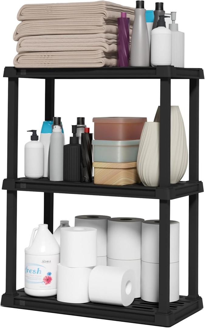 IRIS USA 3-Shelf Light Duty Plastic Storage Shelves, 150lb Capacity, 33" H x 24" W x 12" D, Medium Modular Shelving Unit Storage Organizer for Bathroom, Laundry, Garage & Home, Storage Rack - Black