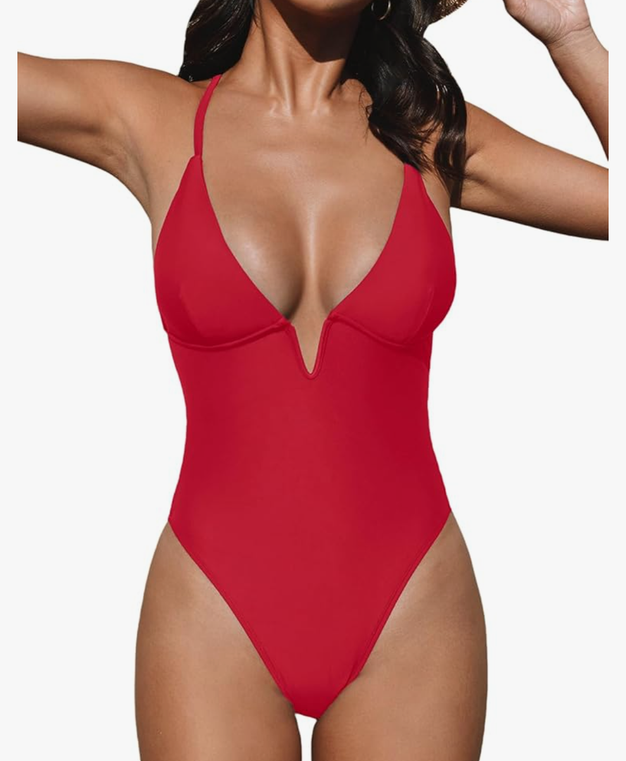 CUPSHE Women Swimsuit One Piece Bathing Suit Deep V Neck Crisscross Back Adjustable Strap ,Size L