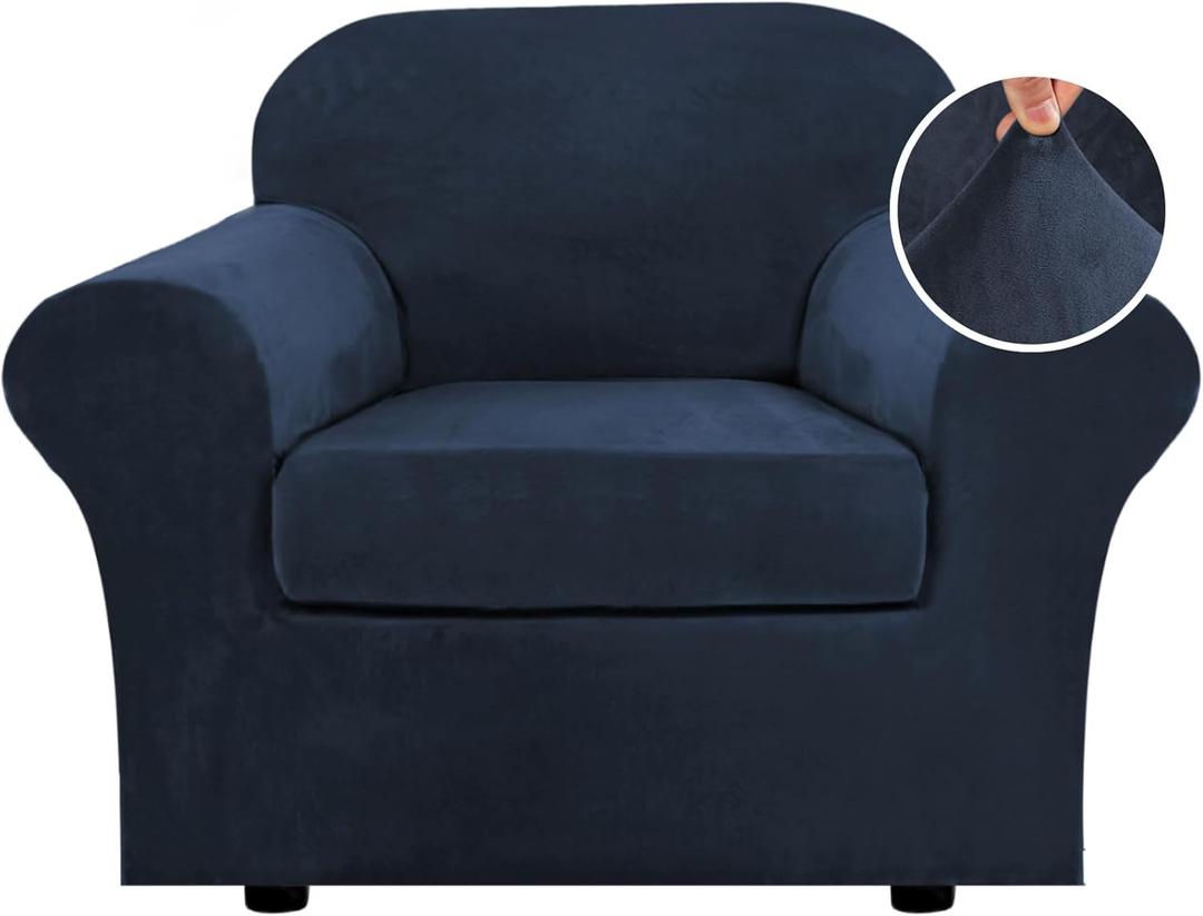 H.VERSAILTEX Rich Velvet Stretch 2 Piece Cover Chair Slipcover Sofa Cover Furniture Protector Couch Soft with Elastic Bottom Chair Couch Cover with Arms Width Up to 49 Inch(Chair,Navy)