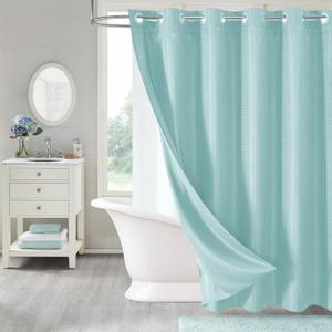 MitoVilla Teal No Hooks Needed Waffle Shower Curtain Liner Set, Turquoise Modern Waffle Weave Heavy Fabric Cloth Shower Curtain with Snap-in Liner for Aqua Luxury Neutral Hotel Spa Bathroom Decor (72"W x 74"L (Pack of 1))