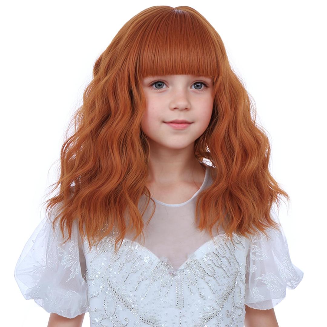 Dark Orange Wigs for Kids Girls Ginger Wig with Bangs Short Wavy Curly Child Wig Kids Daily Halloween Party Cosplay Wigs