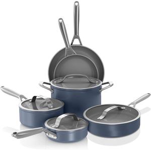 Ninja Ceramic Pro 11 Piece Cookware Set, NonStick Pots & Pans Set with Glass Lids, Nontoxic, PTFE Free, Ceramic Coated, Stove to Oven Safe, All Stovetop & Induction Compatible, Midnight Blue, CW39010MM