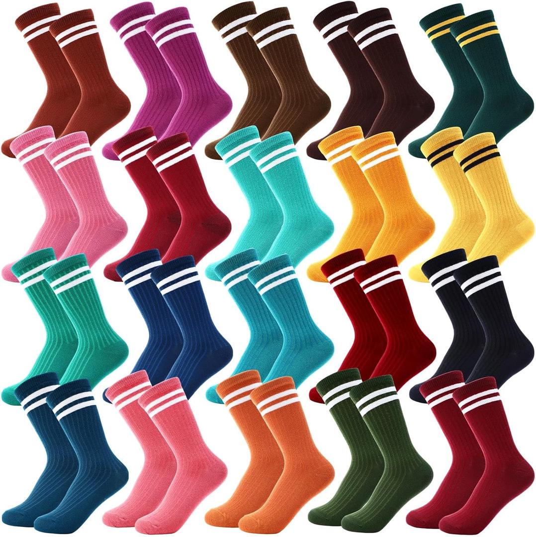 20 Pairs Colorful Striped Crew Socks Athletic Crew Solid Color Striped Cotton Tube Half Women Men Socks