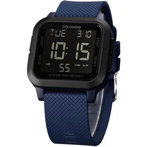 Mens Digital Watch for Men, Stainless Steel Square Watches, Mens Wrist Watches Waterproof Large Face Dual Time Date Watch (Black & Blue Strap)
