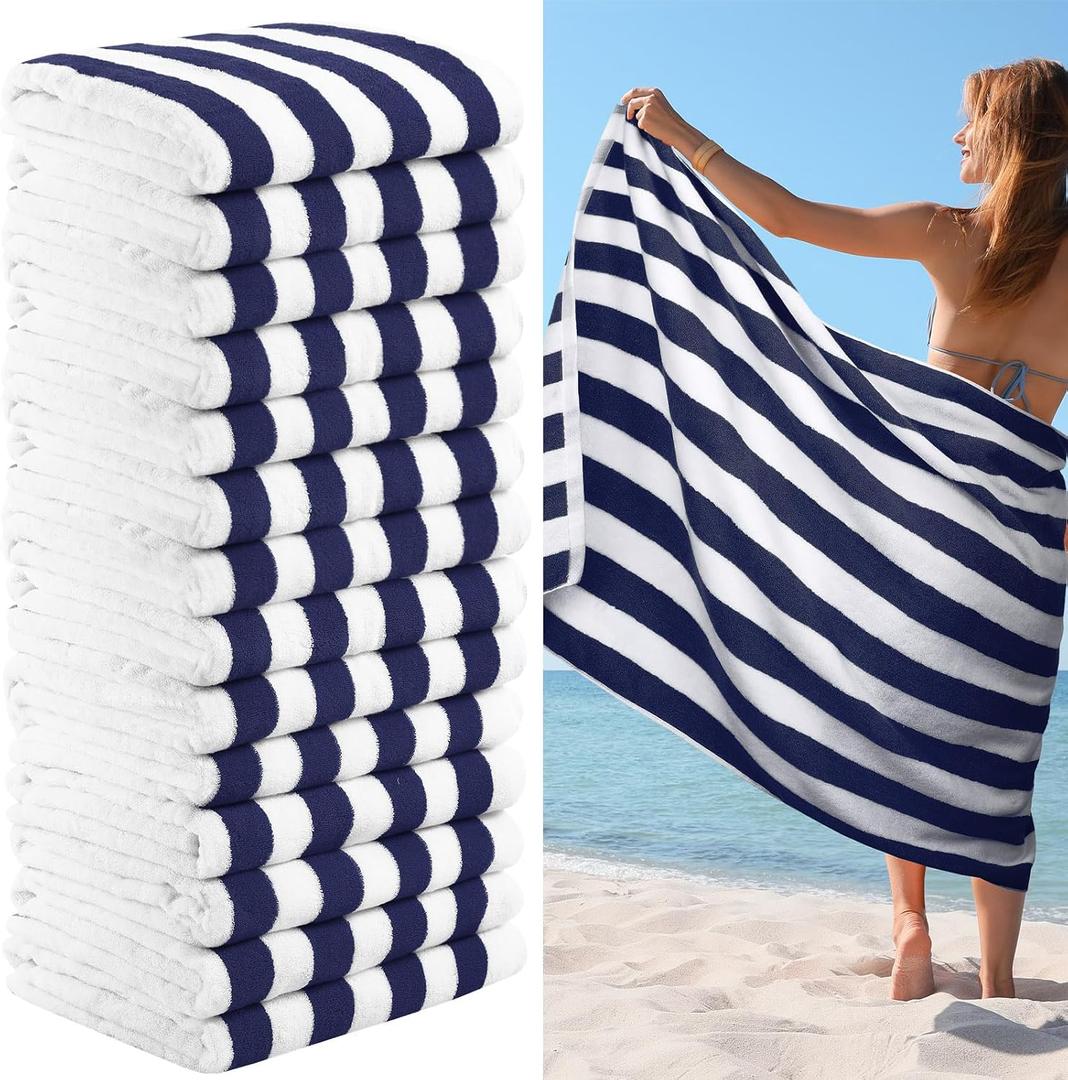 VitalCozy 16 Pcs Cotton Pool Beach Towels 30 x 70 Inch Cabana Stripe Oversized Basics Turkish Pool Bath for Hotel Swimming Bathroom(Navy Blue and White Stripes)