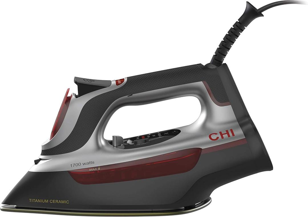 CHI Steam Iron for Clothes with Electronic Temperature Control, Titanium Infused Ceramic Soleplate, 1700 Watts, XL 10 Cord, 3-Way Auto Shutoff, 300+ Holes, Professional Grade, Silver (13107)