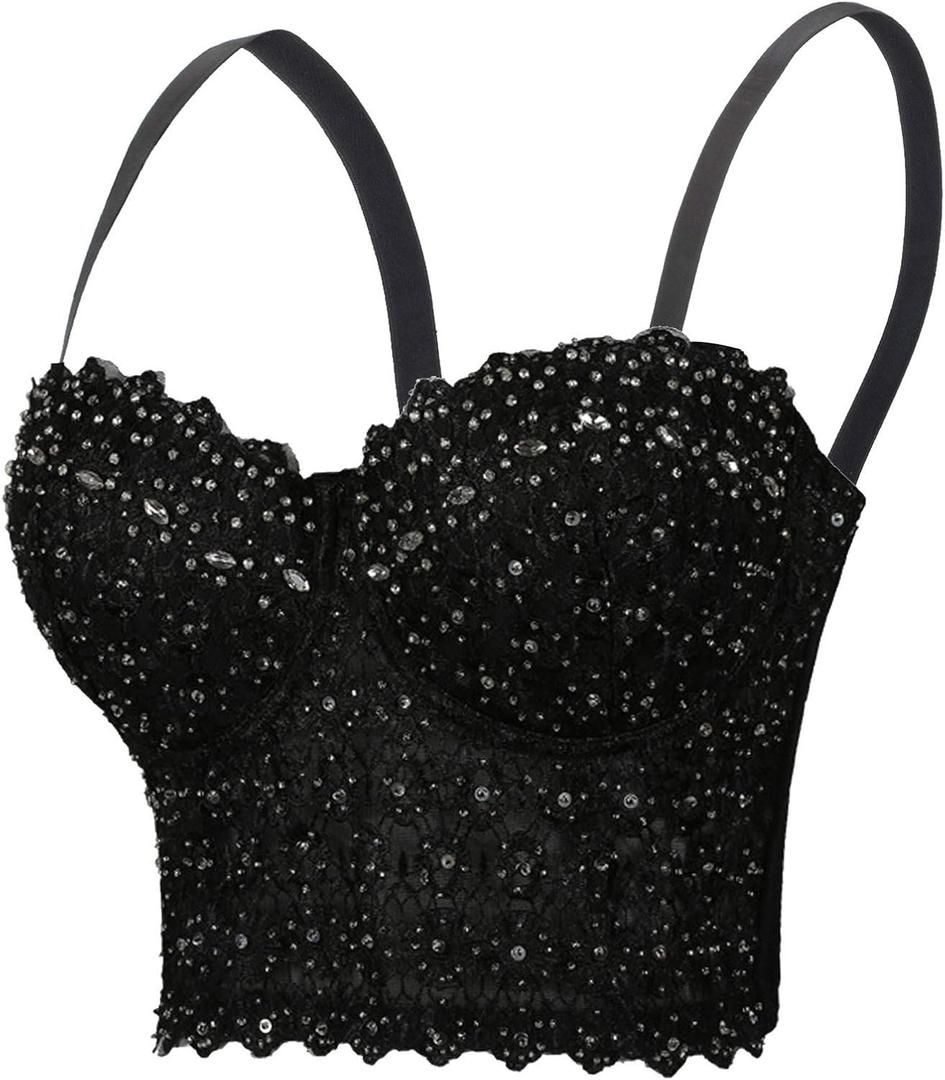 Women's Lace Rhinestone Bustier corset Wedding Party Crop Top Bra Vest (Black, S)