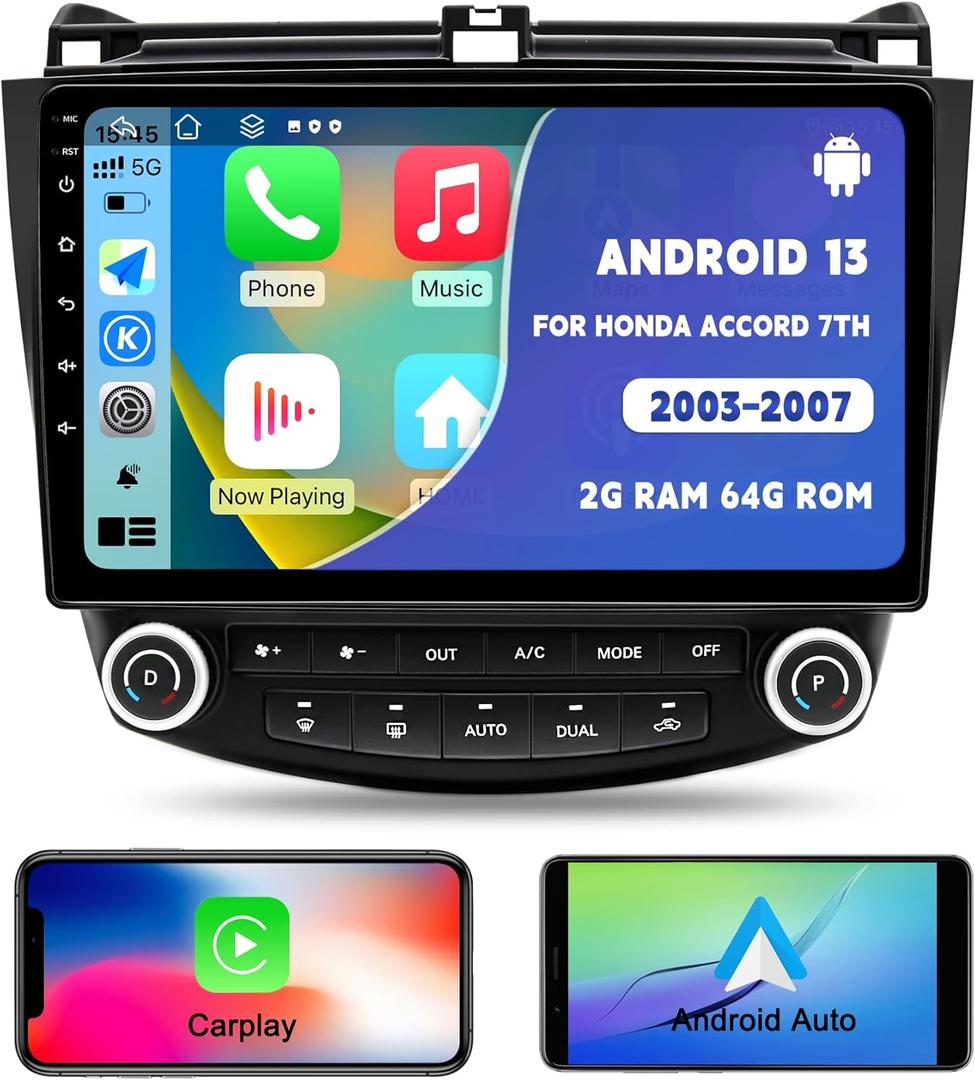 for Honda Accord 7th 2003 2004 2005 2006 2007, Android 13 Car Stereo with Wireless Carplay Android Auto, 10 inch Touchscreen Car Radio Support Bluetooth WiFi GPS Navigation FM/RDS Radio Head Unit