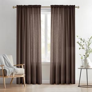 Melodieux Brown Semi Sheer Curtains 84 Inches Long for Living Room Bedroom, Farmhouse Linen Look Shiny Sheer Curtain Drapes Rod Pocket Light Filtering Home Office, 52" W x 84" L, 2 Panels