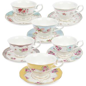 fanquare Colorful Floral Porcelain Coffee Cups with Saucers, British Tea Cups Set for 6, Classic Rose Tea Party Set for Women (Yellow and Blue)