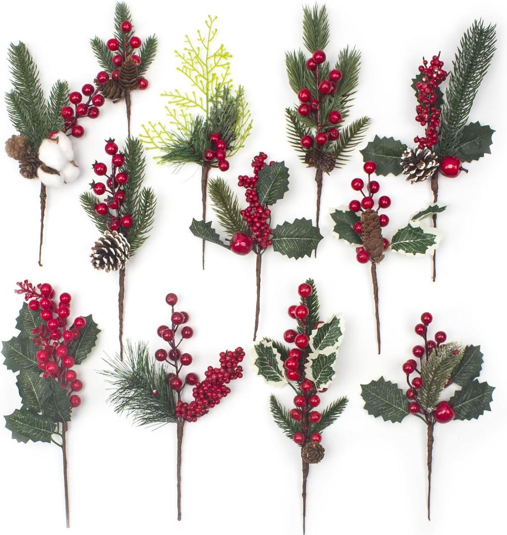 Grunyia 12 Kinds Artificial Christmas Picks - Assorted Red Berry Picks, Faux Pine Picks Spray with Pinecones & Holly Leaves for Stunning Floral Arrangement & Wreath Winter Holiday Season Decor