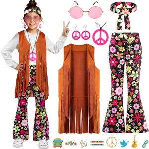 Hippie Costume for Girls 60s 70s Kids Outfits Costume Halloween Party Dress Up (7-8 Years, Brown)