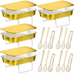 Maxcheck Disposable Chafing Dishes Buffet Set Chafer Wire Racks Buffet Stand Kit Dish Serving Trays Food Warmer Catering Supplies Included Serving Utensils and Stand(4 Sets,Large)