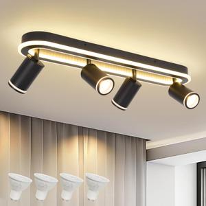 LED 4 Light Track Lighting Spotlight Kit, Black Ceiling Spotlights, Modern Track Light Fixture with Flexibly Rotatable Light Heads, 50W+20W Dual Lighting for Kitchen Living Room, Includes 4 x GU10 Bulb