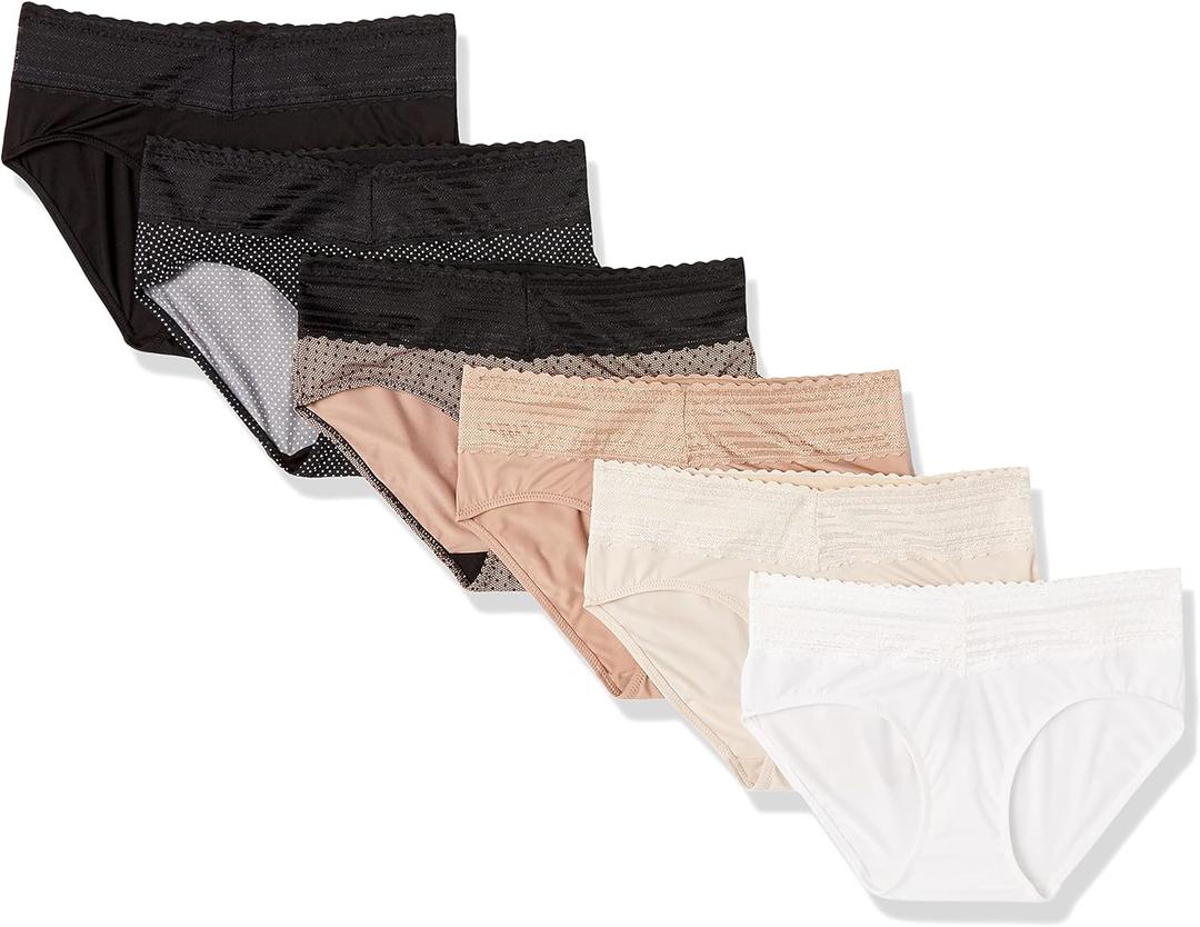 Warner's Women's Blissful Benefits Dig-Free Comfort Waistband with Lace Microfiber Hipster 6-Pack Ru1796w (3X-Large Plus, Toasted Almond/Black and White Pin Dot /Black/Butterscotch/White/Toasted Almond Lace Dot)