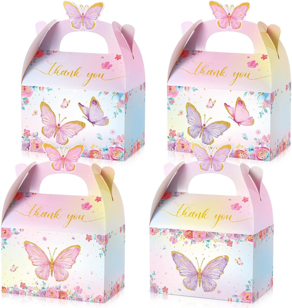 Nezyo 24 Pcs Butterfly Party Favor Treat Boxes, Pink and Purple Butterfly Floral Goodie Gable Candy Box Paper Gift Box for Birthday Party Supplies Baby Shower Wedding