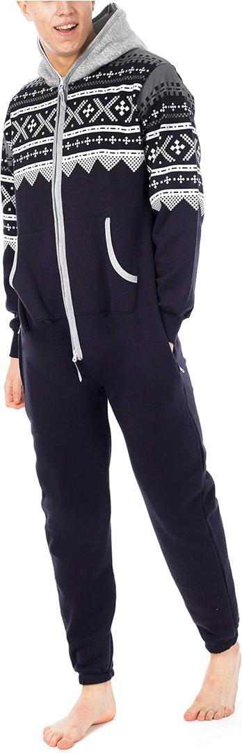 Juicy Trendz Adult Hooded Fleece Onesie Pajamas, Non-Footed One Piece Zip-Up Aztec Printed Jumpsuit Sleepwear for Men & Women (Medium, A2-navy)