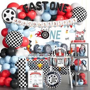 Fast One Birthday Decorations for Boys  Race Car First Birthday Party Supplies with Backdrop, Cake Topper, Banner, Boxes, Foil Balloon, Cupcake Topper, Poster