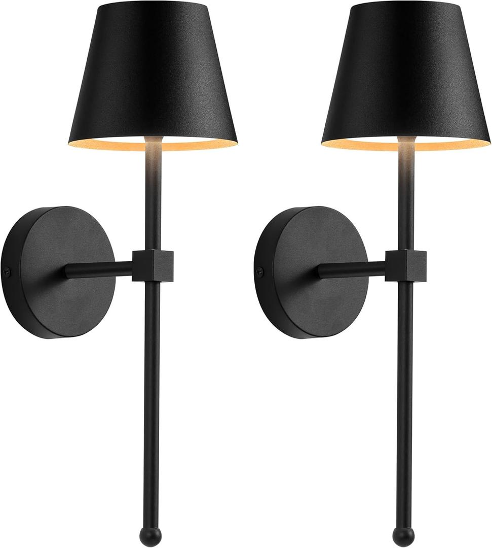 KDG Cordless Wall Sconces Set of 2, Wireless 5200mAh Rechargeable Battery LED Wall Lamps, Wall Lightings for Wall Painting, Outdoor, Garden, Living Room, Bedside, Hallway, Gifts, Night Light (Black)