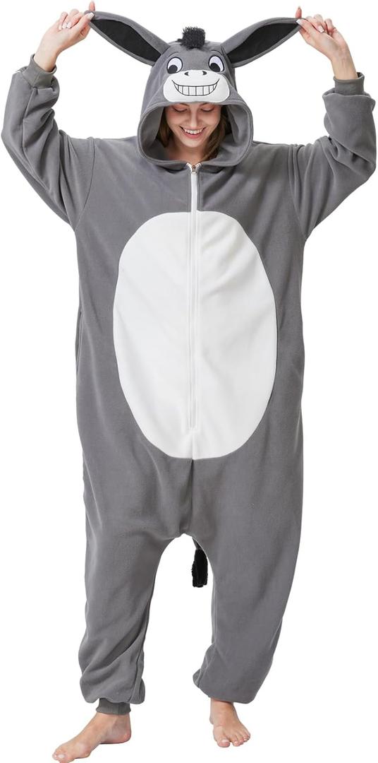 Adult Animal Onesie Halloween Costume One-Piece Cosplay Suit for Women and Men (Medium, Grey Donkey)