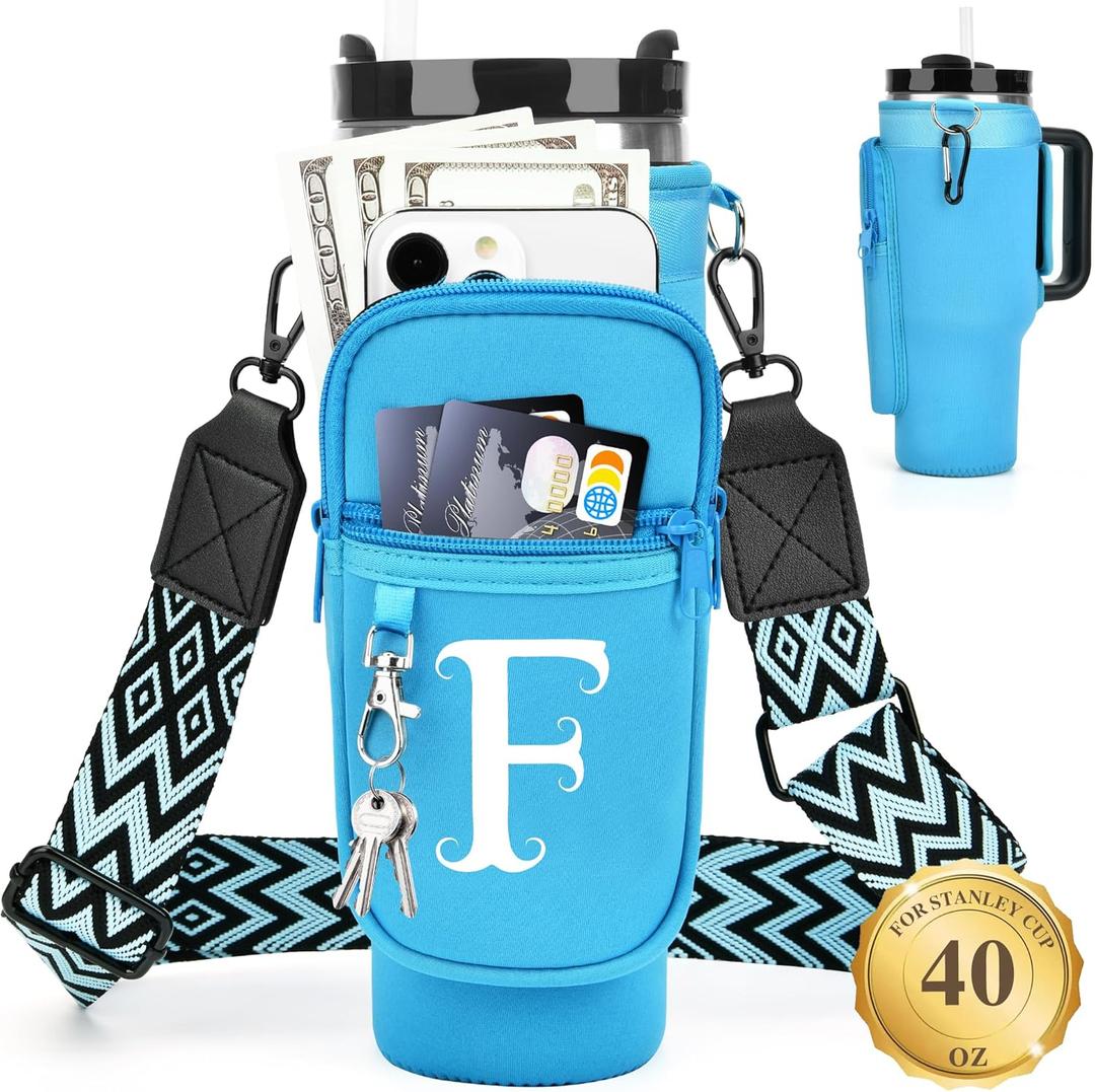 3 x LOKASS Personalized Water Bottle Holder with Strap for Stanley Cup Accessories 40 oz, Initial for Stanley Cup Holder Carrier Bag with Phone Pocket, Stylish Tumbler Accessories for Daily Use Hands-Free