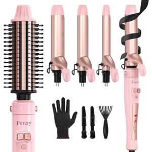4-in-1 Interchangeable Automatic Rotating Curling Iron & Thermal Brush Set, 0.75''/1''/1.25'' Curling Iron & 1.5'' Heating Round Curling Brush, ONE Heat 410F, Pink