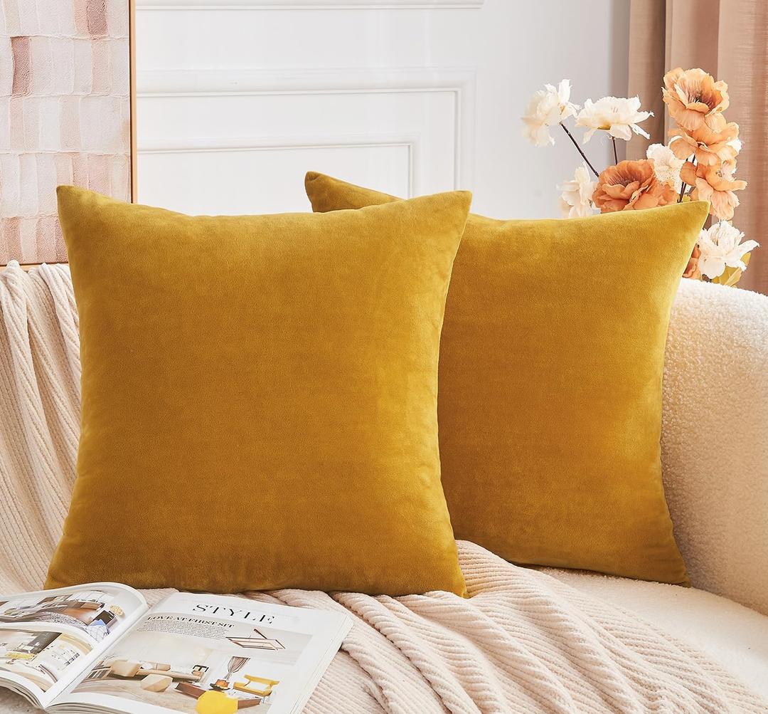 Throw Pillow Covers Mustard Yellow Set of 2 18x18 Inch Fall Pillow Covers, Soft Velvet Farmhouse Neutral Decorative Pillowcases for Couch Sofa Bed, Home Boho Decor, Modern Cushion Covers