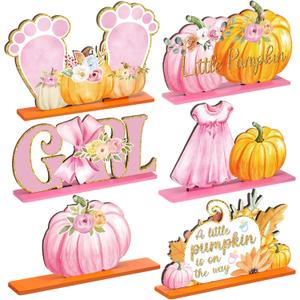 6 Pcs Thanksgiving Fall Little Pumpkin Baby Shower Decoration for Girl Wooden Thanksgiving Baby Shower Table Centerpieces a Little Pumpkin Is on The Way Table Decor Maple Tabletop for Party Supplies