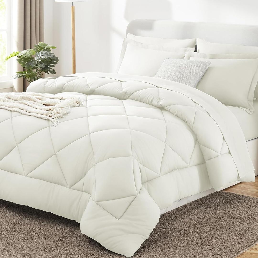 CozyLux King Size Comforter Set Ivory - 7 Pieces Bed in a Bag King, Luxury Soft Bed Set for All Seasons, Bedding Set with Down Alternative Comforter, Sheets, Pillowcases & Shams