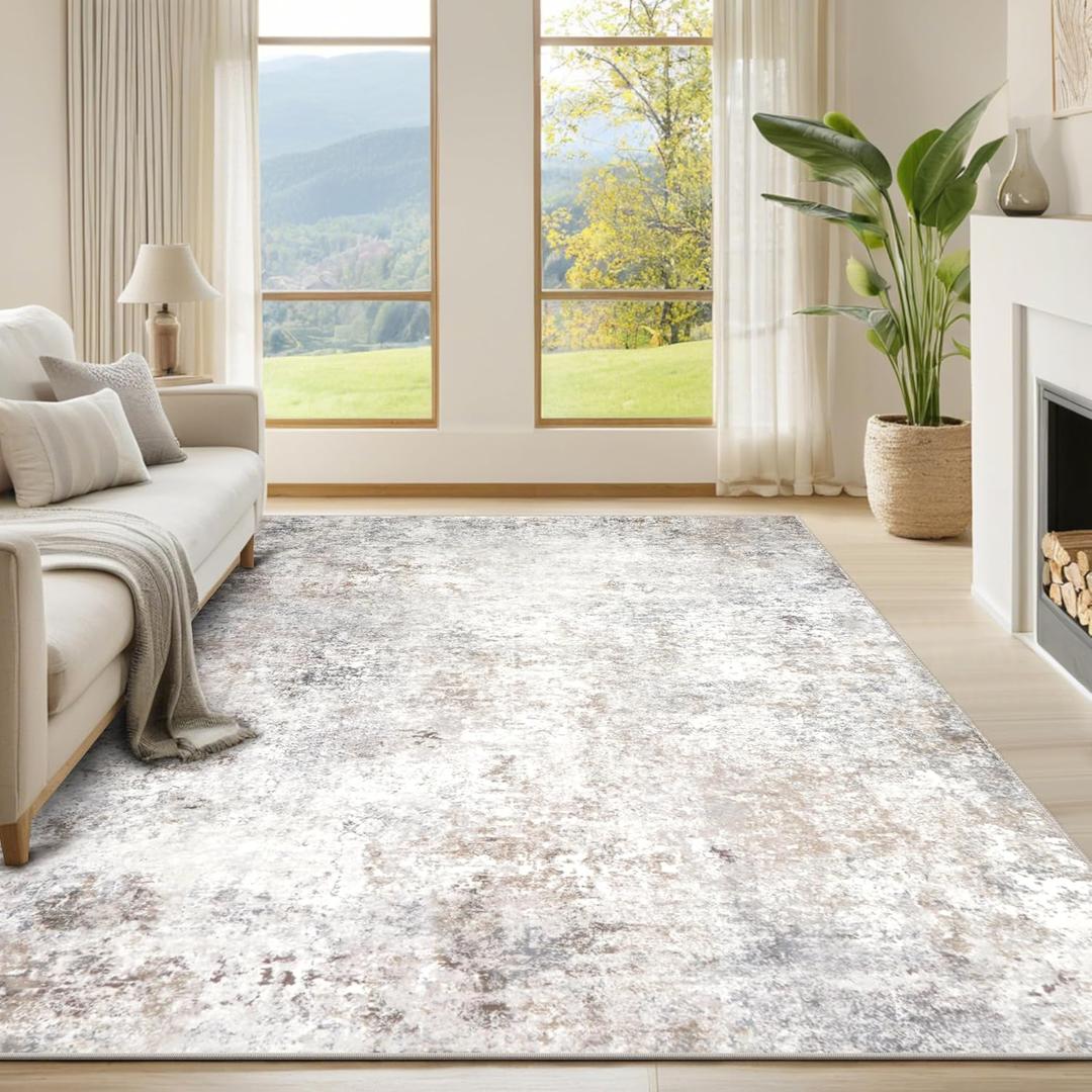 Washable Rugs 6x9 Area Rugs for Living Room,Modern Abstract Rugs for Bedroom,Large Carpets,Ultra Soft Faux Wool Retro Dining Room Rug,Non Slip&Non-Shedding Low Pile Print Rug- Beige Grey