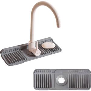 14.57" Silicone Sink Splash Guard - Essential Kitchen Sink Accessory with Drip Tray, Sponge Holder & Soap Dish, 6Slope for Easy Drainage, Foldable & Fasten Button for Perfect FitGrey (Gray)